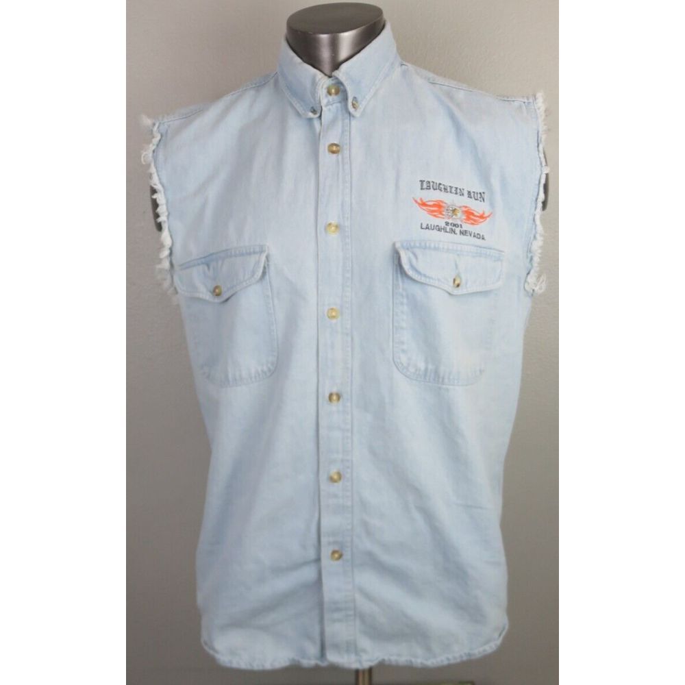 Laughlin Run Nevada Biker Design Blue‎ Denim Vest Size L Vintage 2001 Y2K Grunge